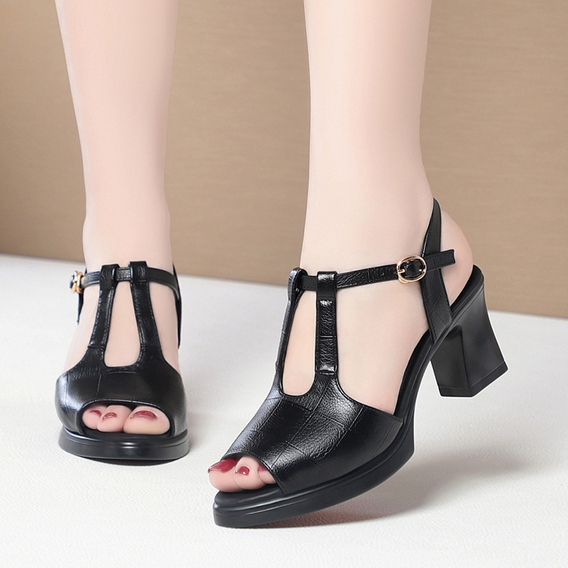 Black Leather T-Strap Peep Toe - Formal Women Daily Wear Sandals review and price