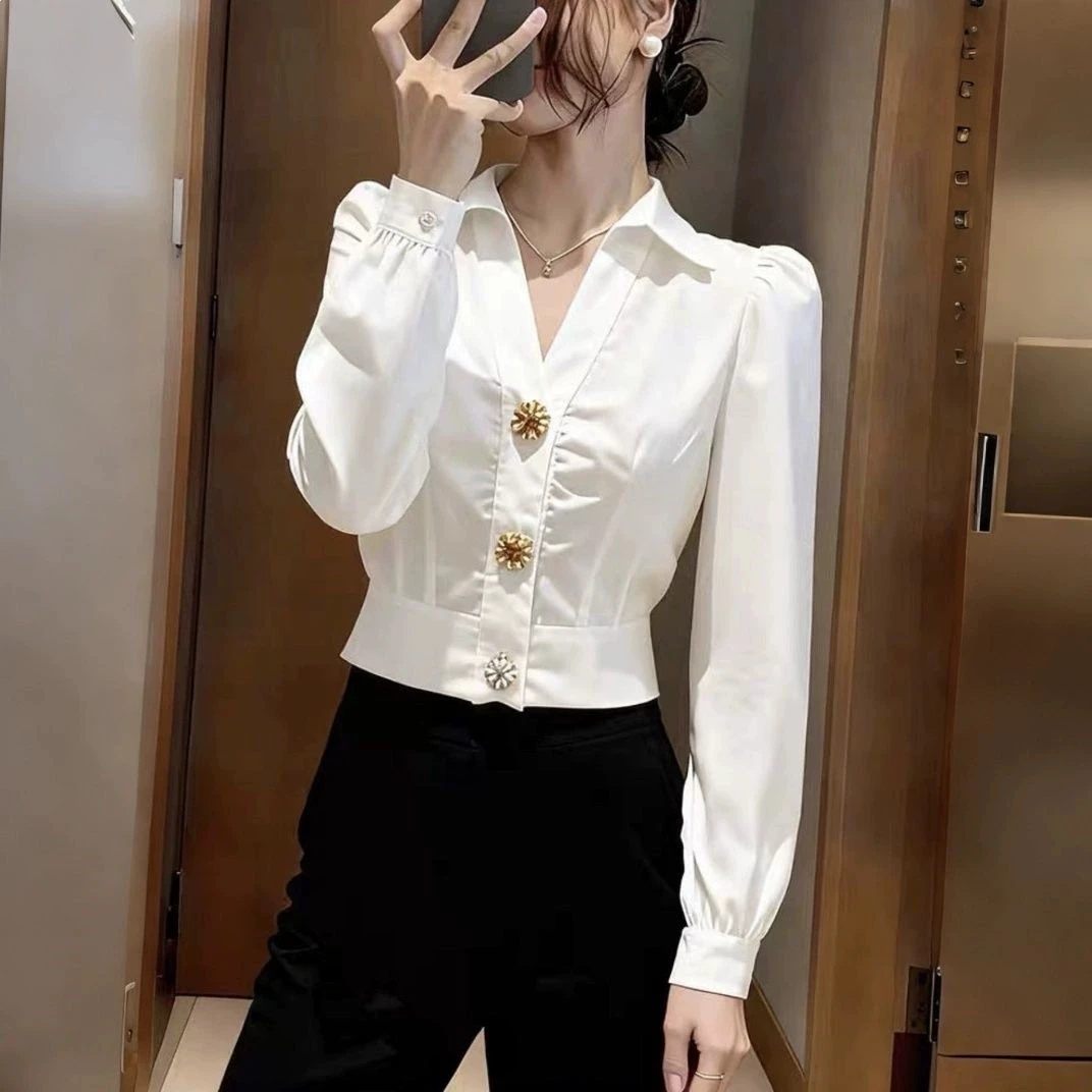 Elegant White Shirt V Neck Blo - Women Formal Office Wear Tops review and price