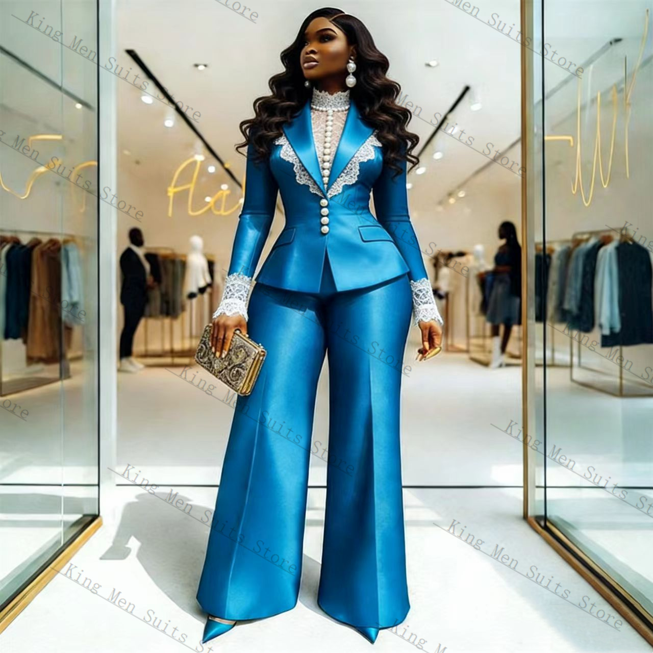 Blue Satin Lace Women Suit Set - Women'S Formal Wear Tuxedo review and price