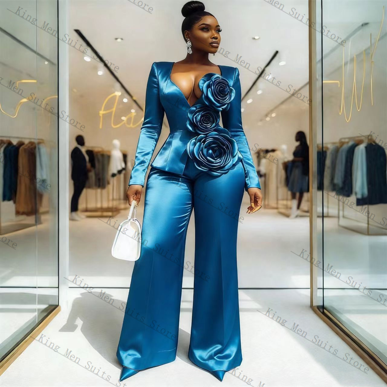 Blue Satin Women Suit Set 2 Pc - Women'S Formal Wear Tuxedo review and price