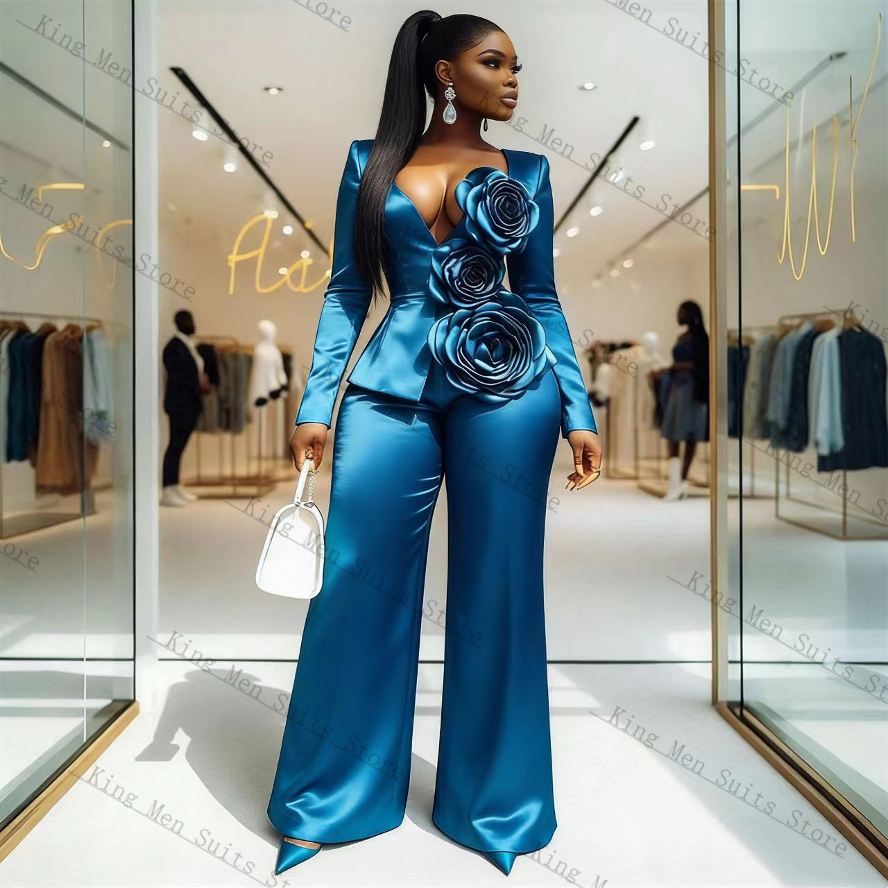 Blue Satin Women Suit Set 2 Pc - Women'S Formal Wear Tuxedo review and price
